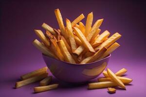 French fries in a bowl on red background. Selective focus. ai generative photo