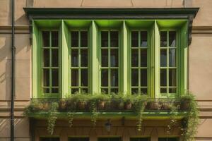 Colorful windows of a typical house in the city, ai generative photo