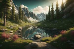 Beautiful fantasy landscape with a river in the mountains. ai generative photo