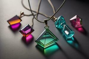 Colorful precious stones necklace on a black background in close-up. ai generative photo