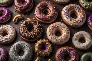 Variety of donuts on a solid color background. Top view. ai generative photo