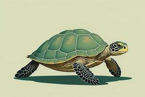 ilustración de un Tortuga en un verde antecedentes en dibujos animados estilo. ai generativo foto