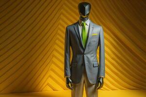 Stylish suits on mannequins on solid color background, closeup. ai generative photo