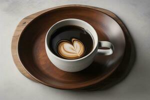 Coffee cup on a wooden table, top view. ai generative photo