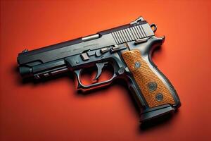 Semi-automatic handgun on a solid color background. Close-up. ai generative photo