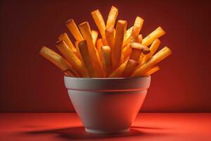 French fries in a bowl on red background. Selective focus. ai generative photo