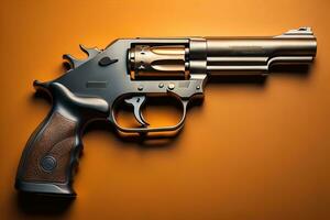 Semi-automatic handgun on a solid color background. Close-up. ai generative photo