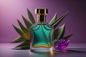 Creative and brandless Perfume bottle and flower on the wooden table, closeup. ai generative photo