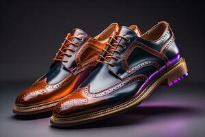 Men's shoes on a solid colour background. Studio shot. ai generative photo