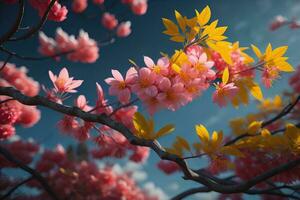 cherry blossom sakura flower on blue sky background, ai generative photo