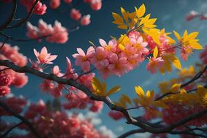 cherry blossom sakura flower on blue sky background, ai generative photo