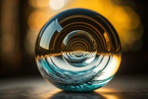 Transparent crystal ball on a wooden table. ai generative photo