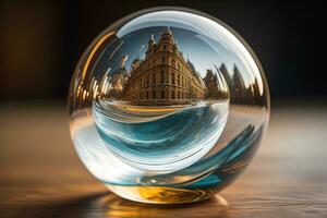 Transparent crystal ball on a wooden table. ai generative photo