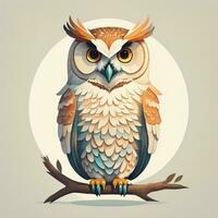 Owl sitting on a branch with leaves. Vector illustration in retro style. ai generative photo