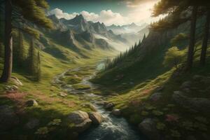 Beautiful fantasy landscape with a river in the mountains. ai generative photo