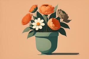 Flowerpot with daisies. Vector illustration in retro style. ai generative photo