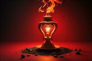 Lantern on a wooden table and a dark background. ai generative photo