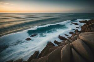 Beautiful seascape with stormy sky. Long exposure shot. ai generative photo