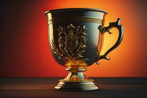 Golden trophy cup on wooden table. Award concept. ai generative photo