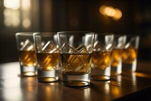 Glasses of whiskey on a wooden table in a pub or restaurant. ai generative photo