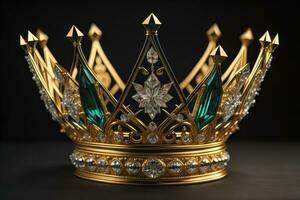 low key image of beautiful golden queen, king crown. ai generative photo