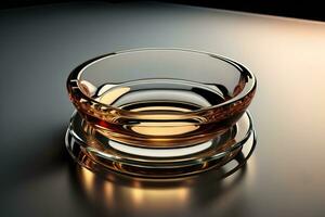Empty glossy transparent ashtray on a dark background. ai generative photo