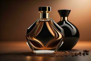 Creative and brandless Perfume bottle and flower on the wooden table, closeup. ai generative photo