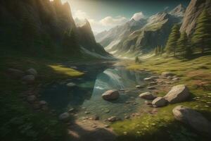 Beautiful fantasy landscape with a river in the mountains. ai generative photo