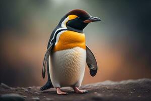 Cute penguin standing in front of solid color background. ai generative photo