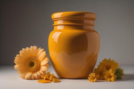 Jar of honey with solid colour background. ai generative photo
