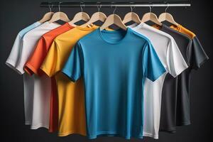 Colorful t-shirts in front of dark background. ai generative photo