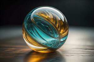 Transparent crystal ball on a wooden table. ai generative photo