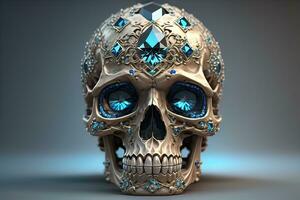 Skull with blue gemstones. ai generative photo