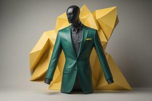 Stylish suits on mannequins on solid color background, closeup. ai generative photo