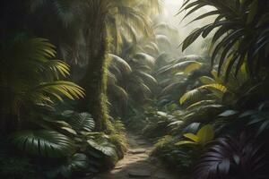 A pathway in tropical rainforest with palm trees and path in the mist. ai generative photo