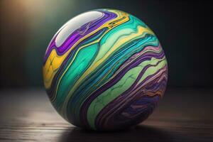 Colorful marble ball on a solid colour background. Close-up. ai generative photo