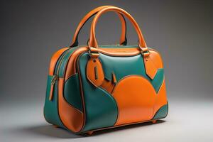 Leather women's handbag on a solid color background. ai generative photo