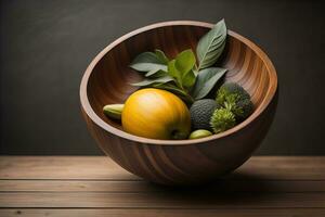 Empty wooden bowl on wooden background. Top view. Copy space. ai generative photo