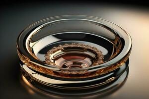 Empty glossy transparent ashtray on a dark background. ai generative photo