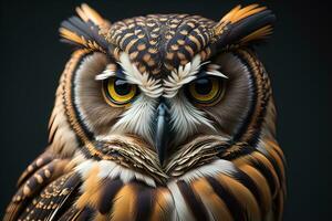 Owl with yellow eyes on a solid background. ai generative photo