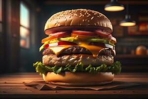 Big tasty hamburger on wooden table. ai generative photo