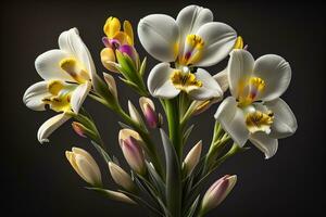 ramo de flores de azafrán y tulipanes en sólido color antecedentes. ai generativo foto