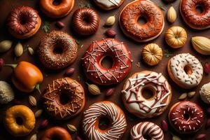 Variety of donuts on a solid color background. Top view. ai generative photo