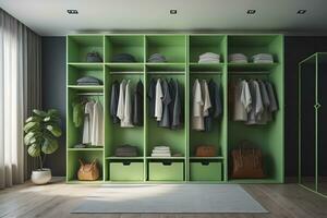 Wardrobe with clothes in the room. Toned image. ai generative photo