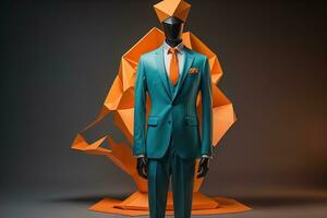 Stylish suits on mannequins on solid color background, closeup. ai generative photo