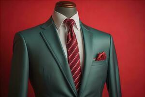 Stylish suits on mannequins on solid color background, closeup. ai generative photo