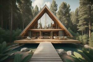 modern cozy chalet with pool and parking for sale or rent. Luxury house in the forest. ai generative photo