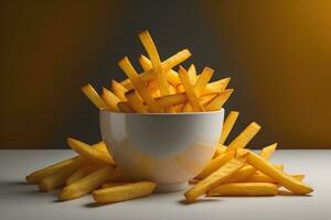 French fries in a bowl on red background. Selective focus. ai generative photo