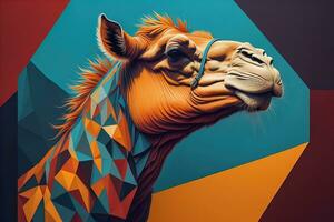 Camel head on solid color background, close up. Vintage style. ai generative photo