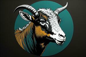 Head of a goat with big horns. ai generative photo